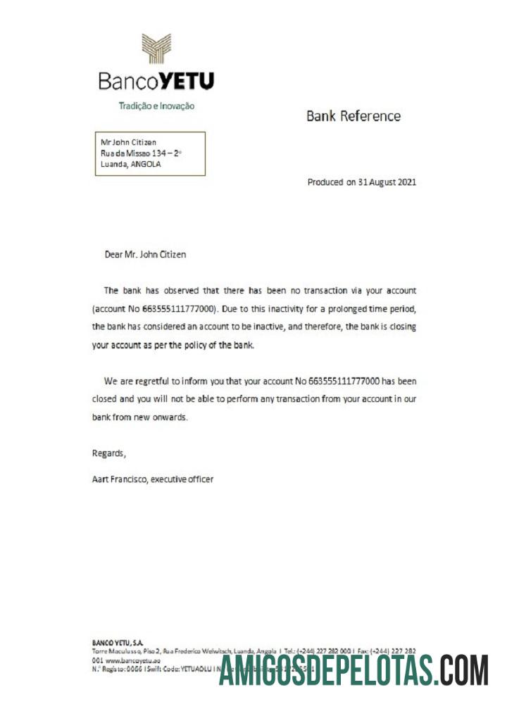 Referência de encerramento do Angola Bancoyetu modelo